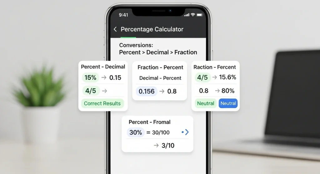 Percentage Calculator 4 Conversions percent ⇄ decimal ⇄ fraction