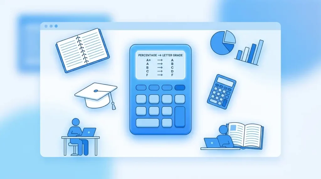 Percentage to letter grade converter illustration showing academic grading calculator and student report card