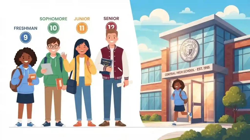 Illustration of a freshman student entering high school in 9th grade for the first time