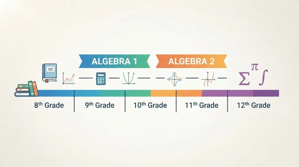 Text: Educational chart showing what grade level algebra 1 and algebra 2 are typically taught in American high schools
